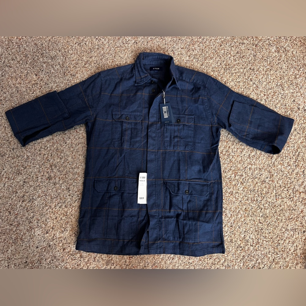 NWT Eton Men’s Navy Herringbone Wool Linen Overshirt